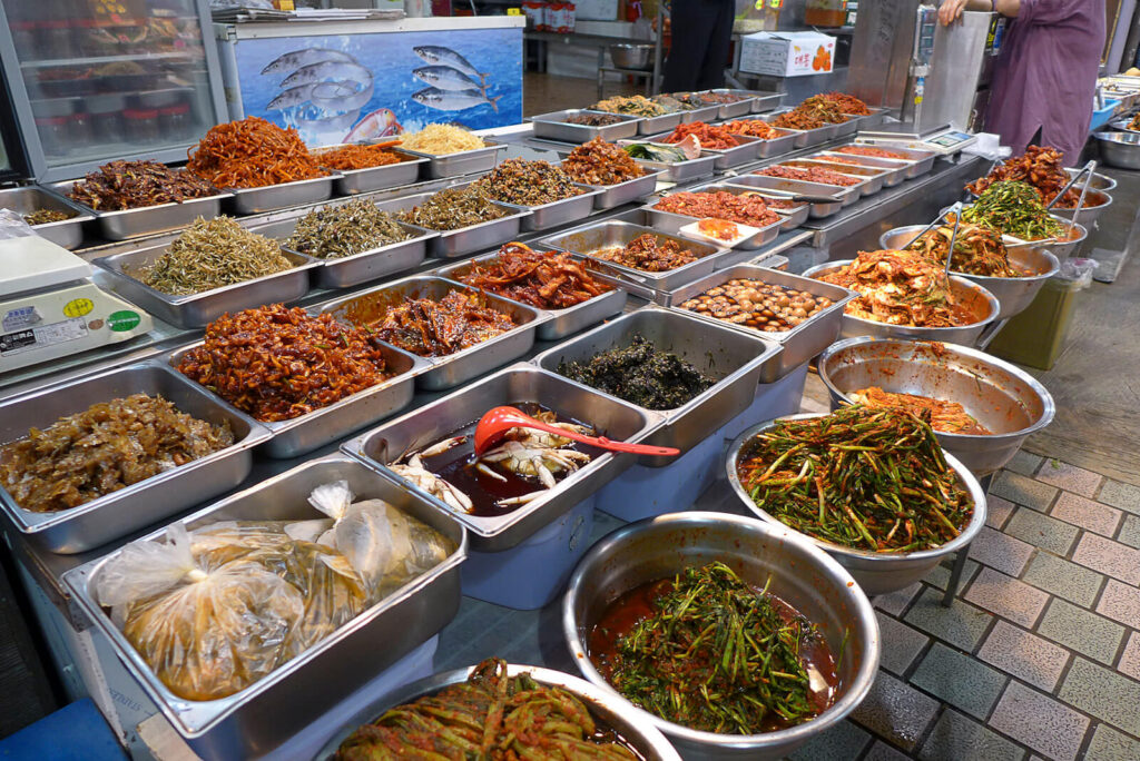 seafood and fermented vegetables at Jeju City market